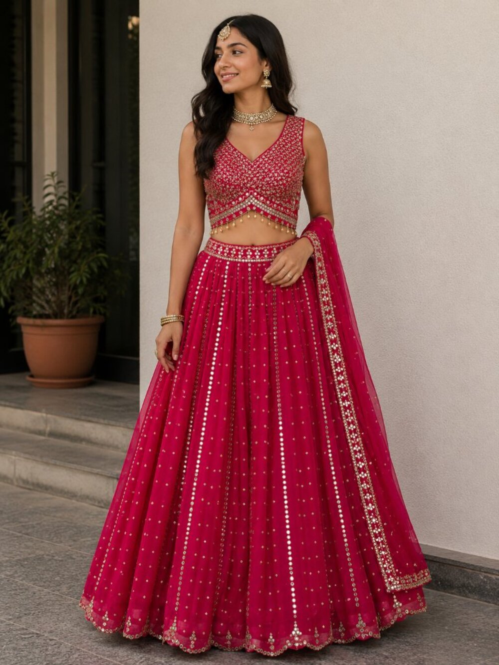 Hot Pink Lehenga Choli Set | Mirror Work Indian Wedding Outfit | Designer Ethnic